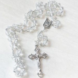 Vintage clear beaded cross rosary necklace